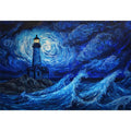 Moonlit lighthouse Canvas Print with blue ocean waves