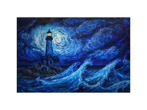 Moonlit lighthouse Canvas Print with blue ocean waves