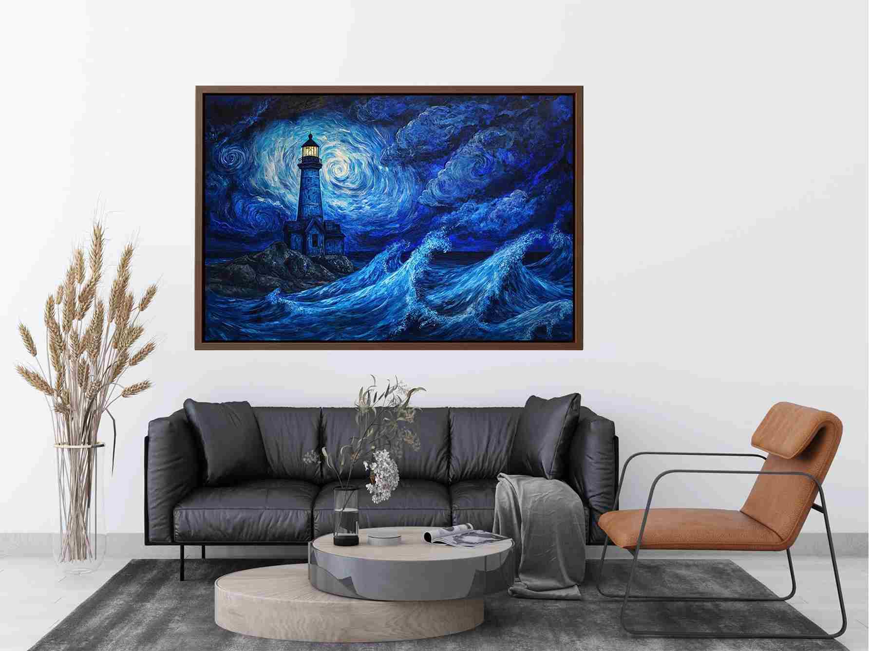 Moonlit lighthouse Canvas Print with blue ocean waves