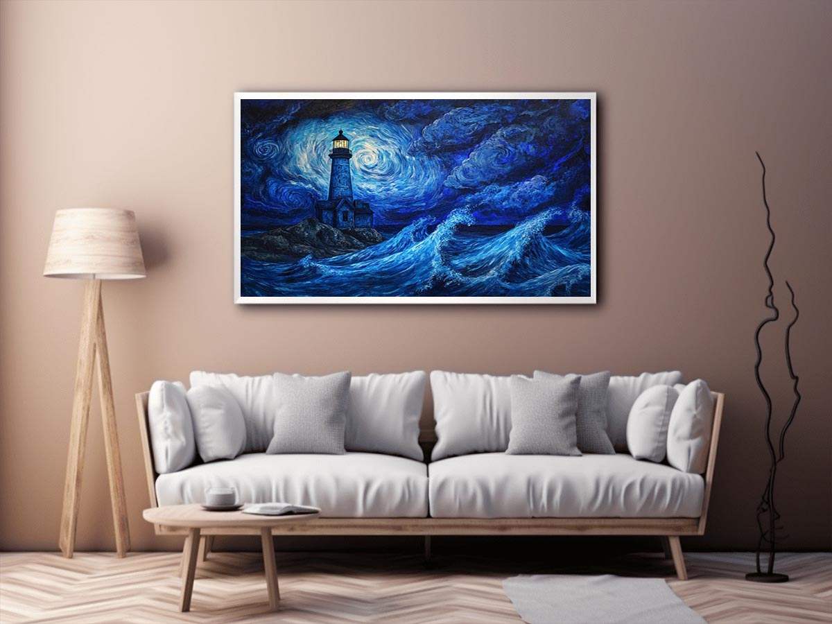 Moonlit lighthouse Canvas Print with blue ocean waves
