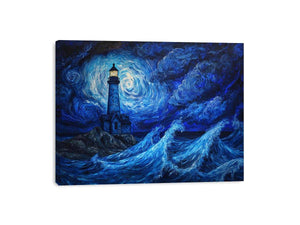 Moonlit lighthouse Canvas Print with blue ocean waves