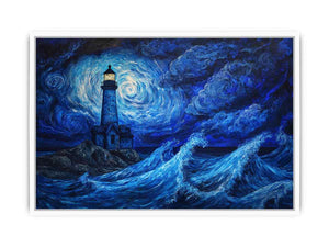 Moonlit lighthouse Canvas Print with blue ocean waves