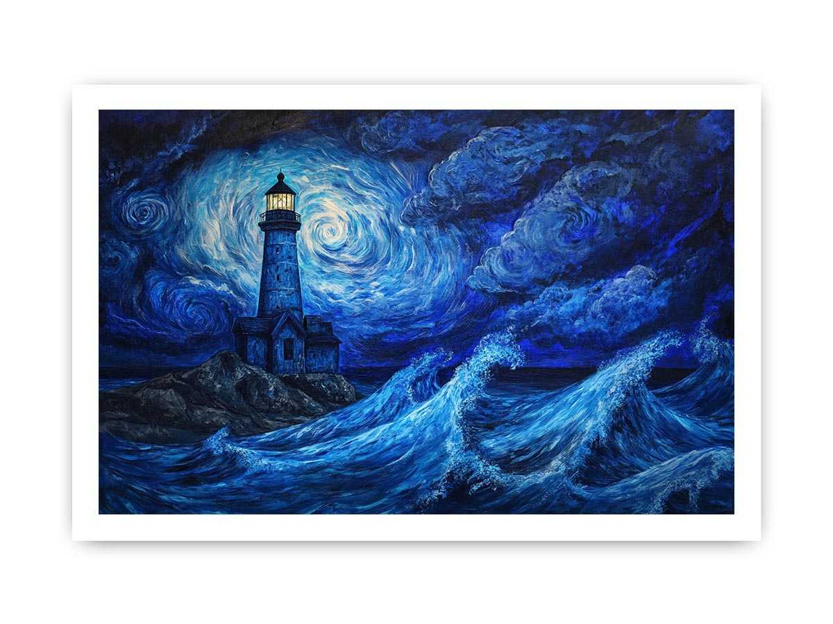 Moonlit lighthouse Canvas Print with blue ocean waves