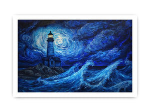 Moonlit lighthouse Canvas Print with blue ocean waves