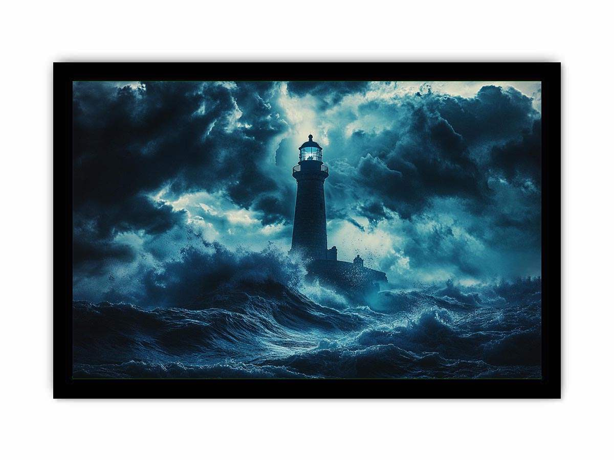 Dark storm lighthouse Canvas Print with ocean waves