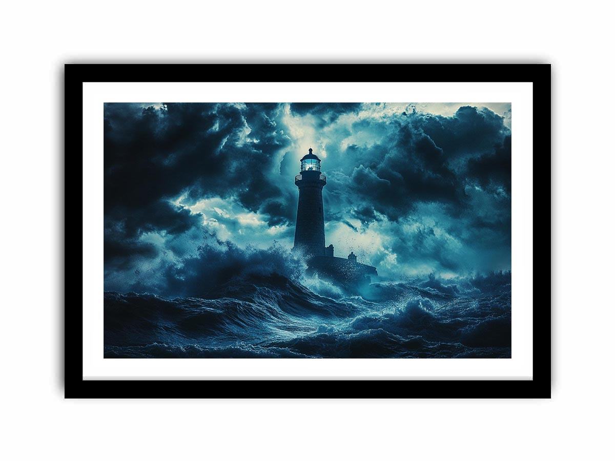 Dark storm lighthouse Canvas Print with ocean waves