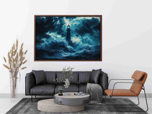 Dark storm lighthouse Canvas Print with ocean waves