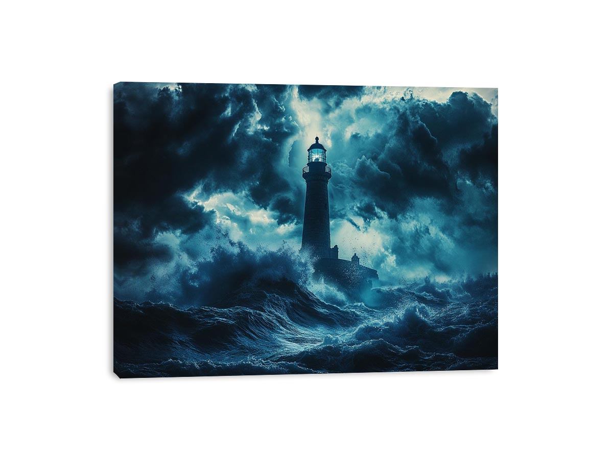 Dark storm lighthouse Canvas Print with ocean waves
