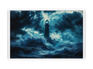 Dark storm lighthouse Canvas Print with ocean waves