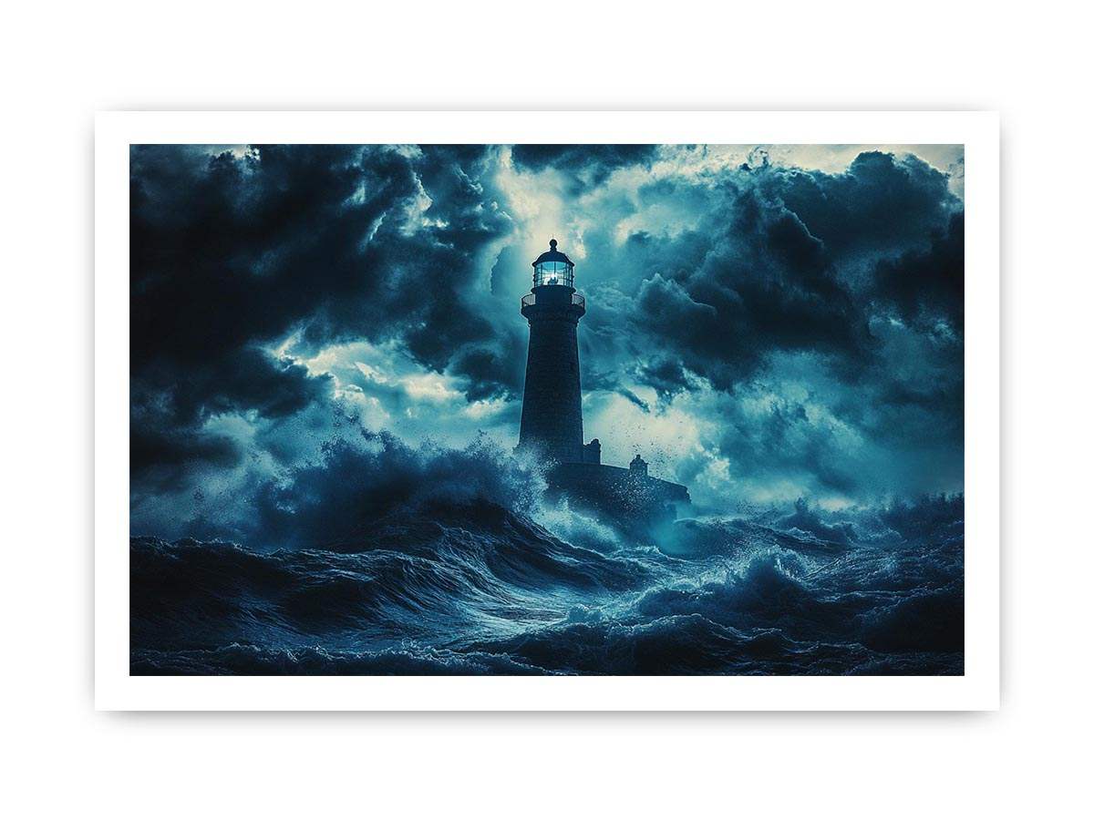 Dark storm lighthouse Canvas Print with ocean waves