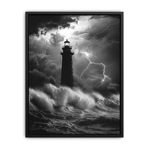 Black and white lighthouse Canvas Print with lightning storm