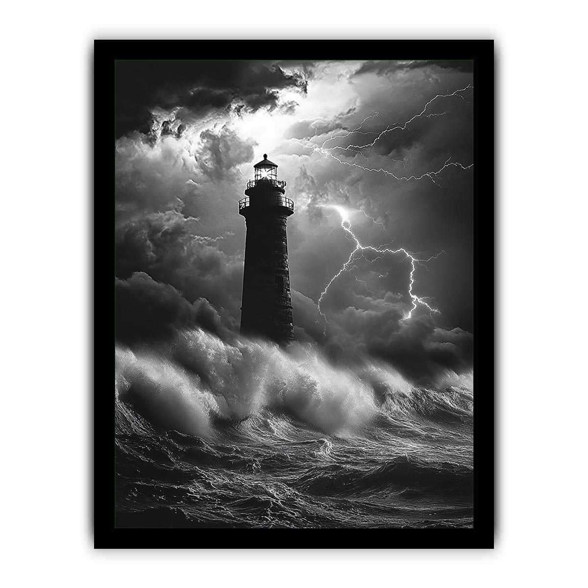 Black and white lighthouse Canvas Print with lightning storm