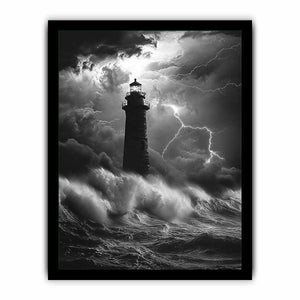Black and white lighthouse Canvas Print with lightning storm