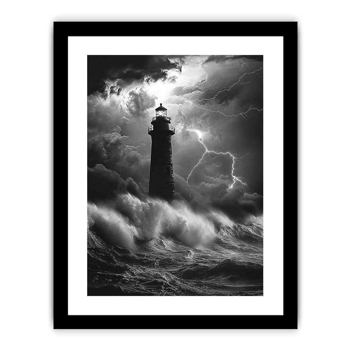 Black and white lighthouse Canvas Print with lightning storm