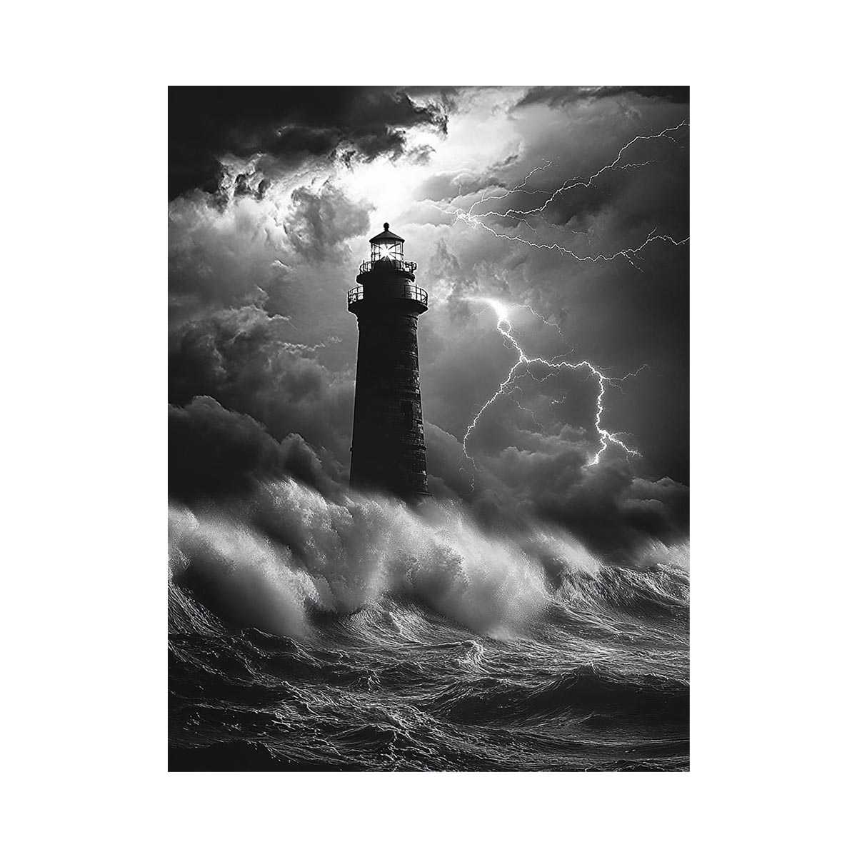 Black and white lighthouse Canvas Print with lightning storm