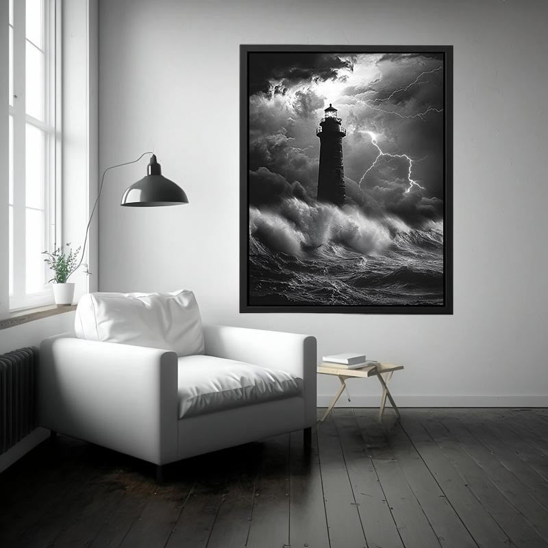 Black and white lighthouse Canvas Print with lightning storm