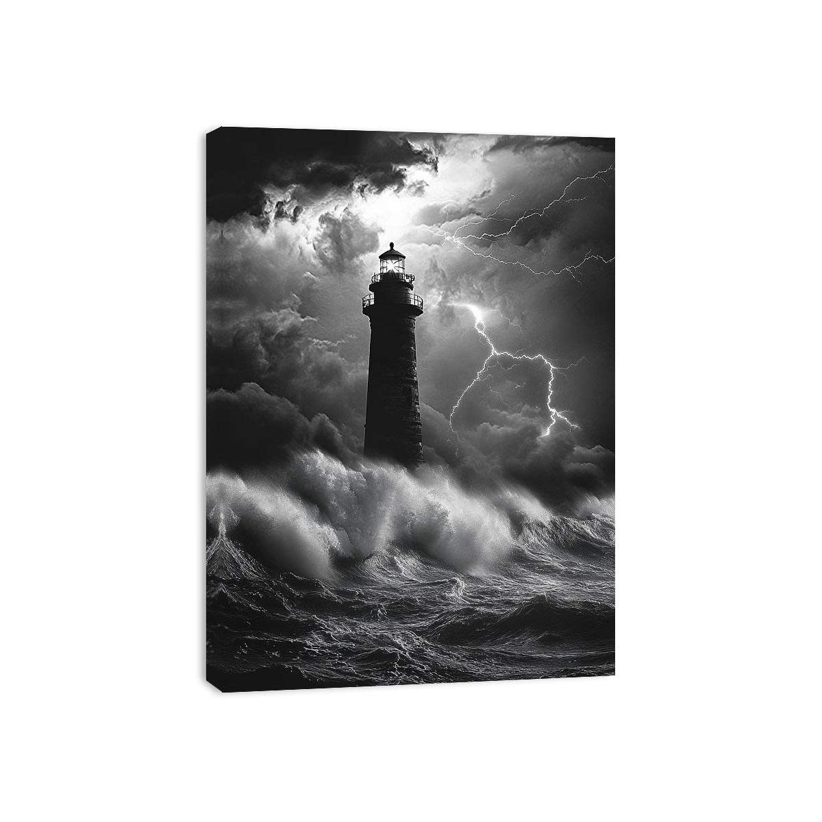 Black and white lighthouse Canvas Print with lightning storm