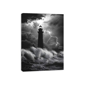 Black and white lighthouse Canvas Print with lightning storm