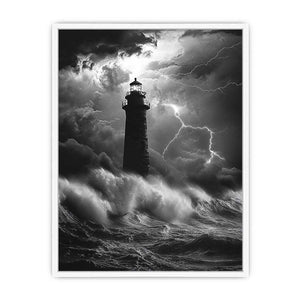 Black and white lighthouse Canvas Print with lightning storm