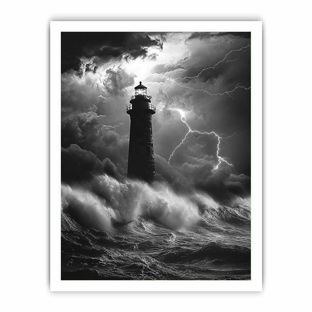 Black and white lighthouse Canvas Print with lightning storm