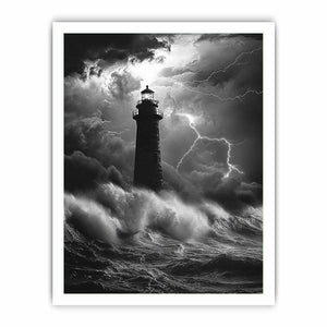 Black and white lighthouse Canvas Print with lightning storm