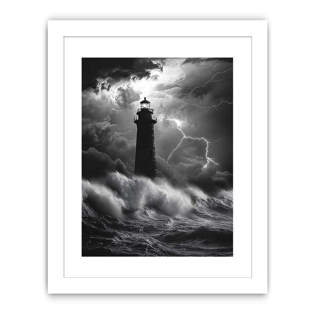Black and white lighthouse Canvas Print with lightning storm