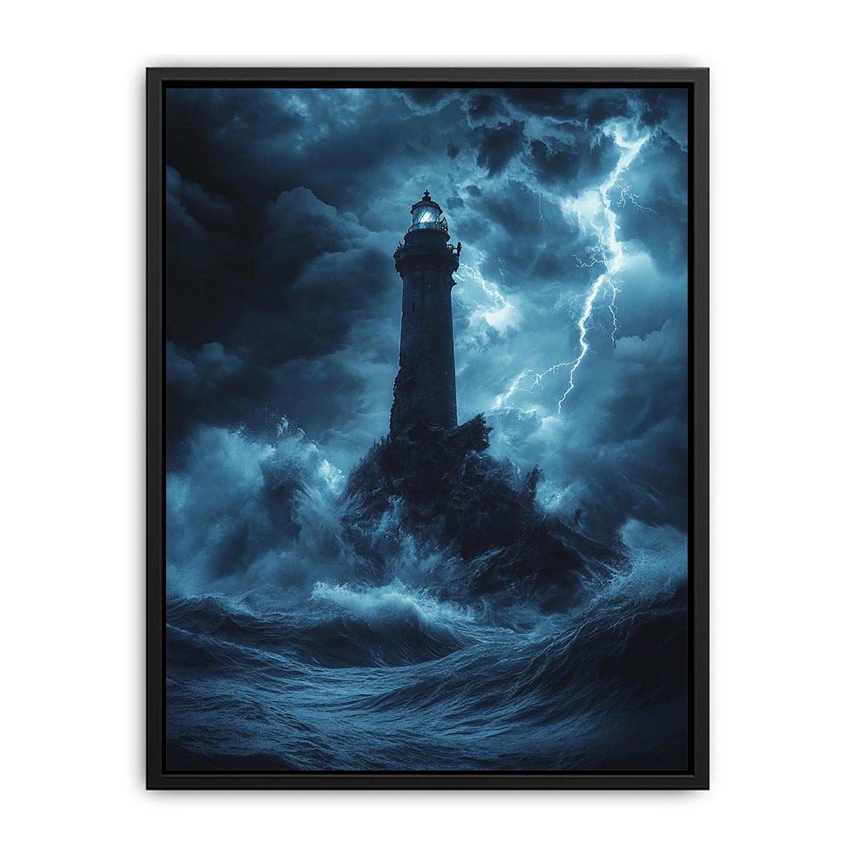 Moody blue lighthouse Canvas Print with lightning and storm waves