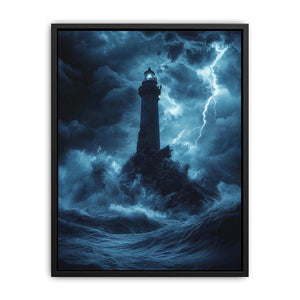 Moody blue lighthouse Canvas Print with lightning and storm waves