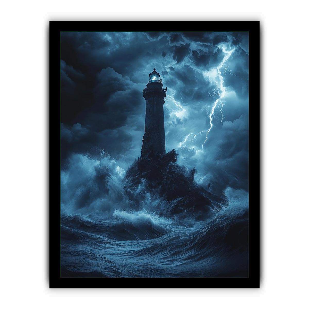 Moody blue lighthouse Canvas Print with lightning and storm waves