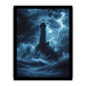 Moody blue lighthouse Canvas Print with lightning and storm waves