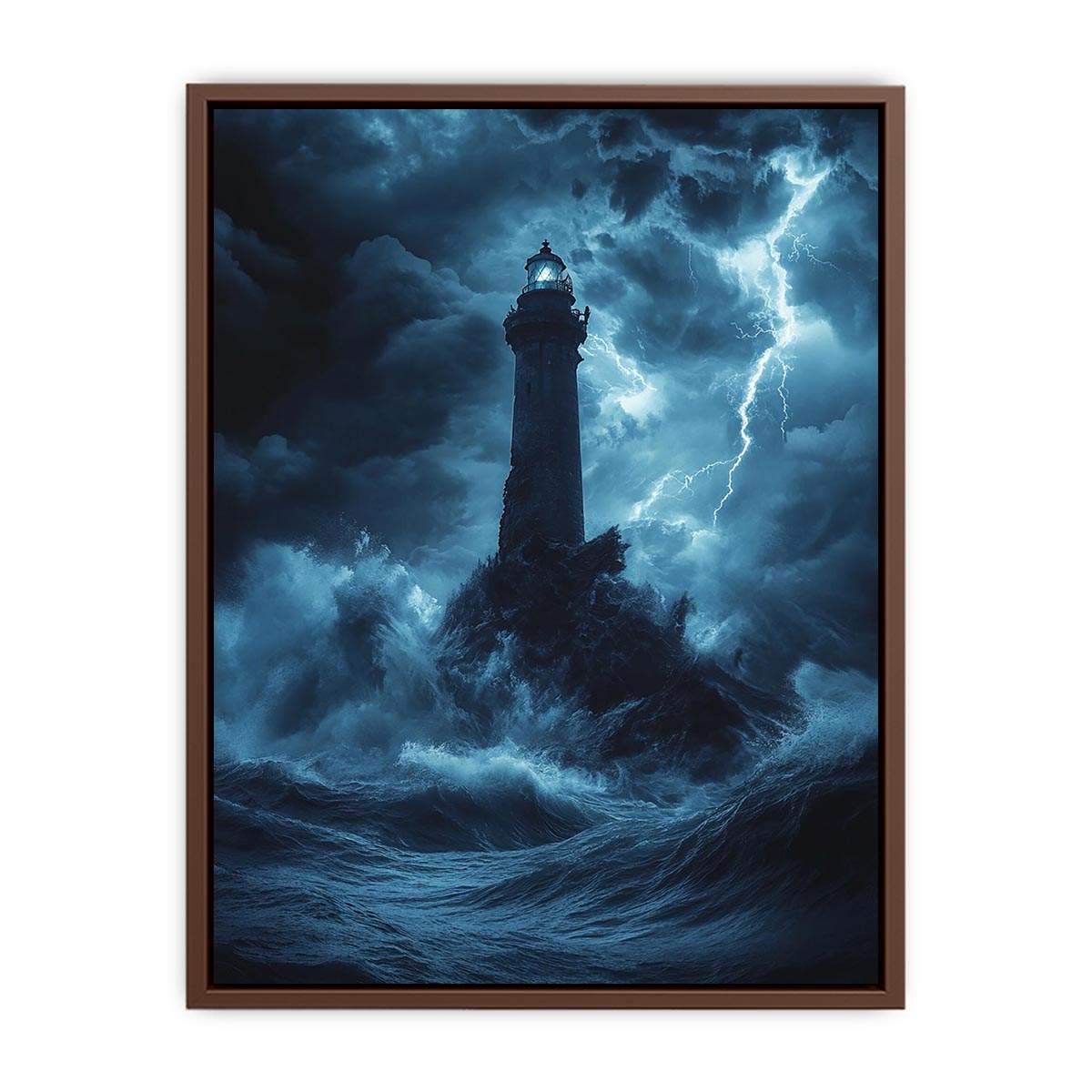 Moody blue lighthouse Canvas Print with lightning and storm waves