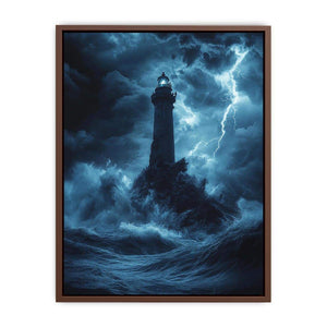 Moody blue lighthouse Canvas Print with lightning and storm waves