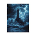 Moody blue lighthouse Canvas Print with lightning and storm waves