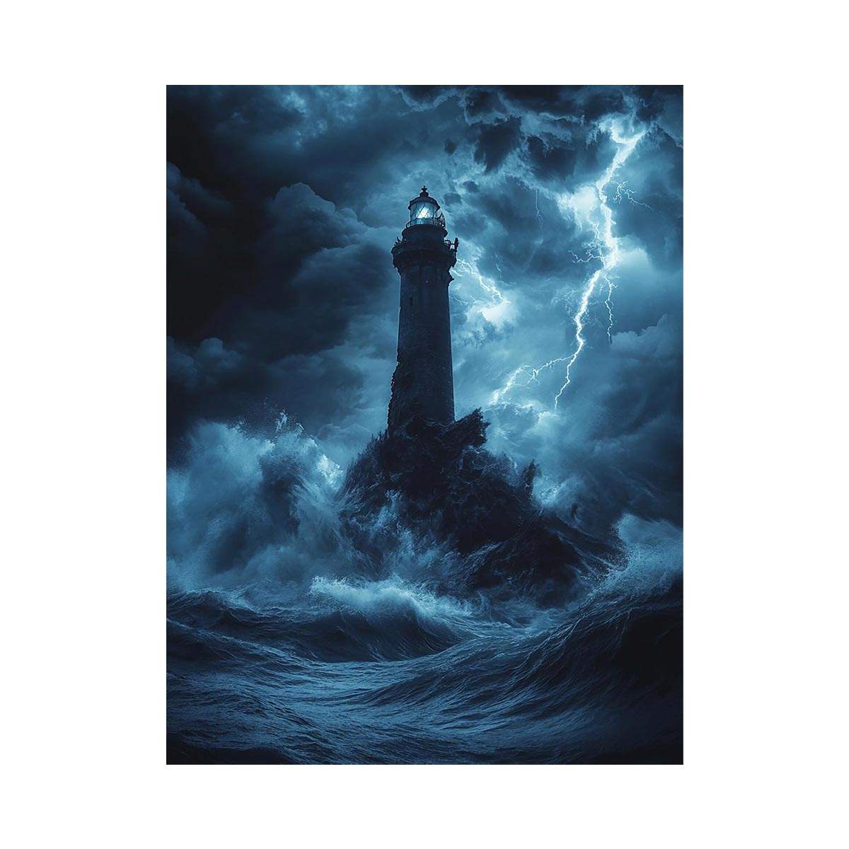 Moody blue lighthouse Canvas Print with lightning and storm waves