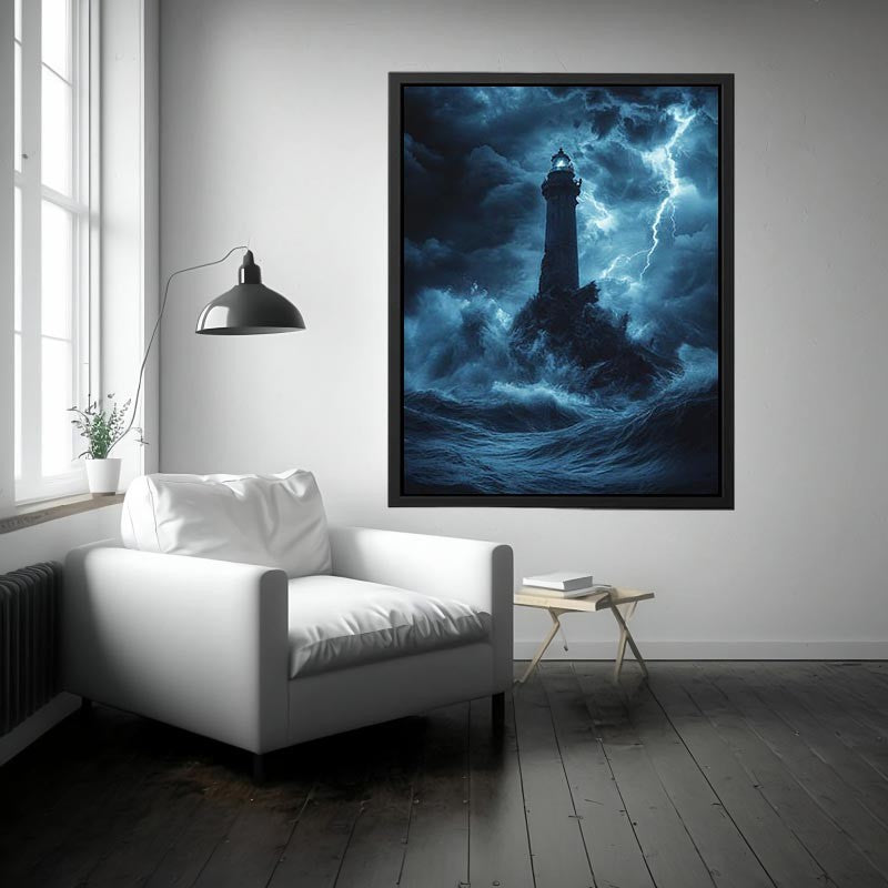 Moody blue lighthouse Canvas Print with lightning and storm waves