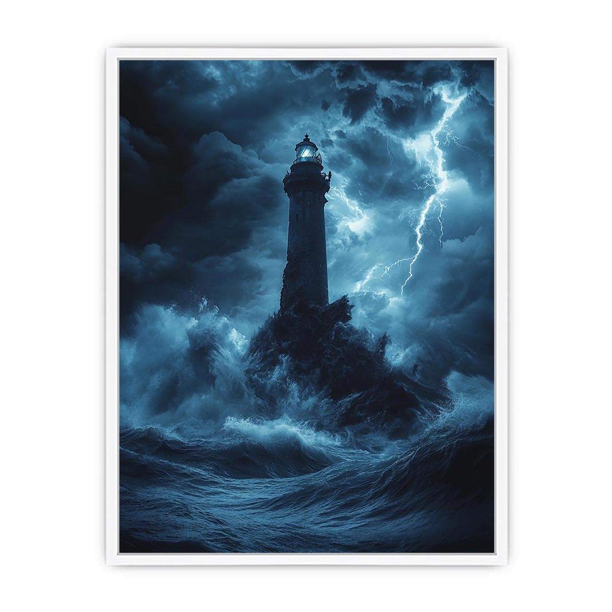 Moody blue lighthouse Canvas Print with lightning and storm waves