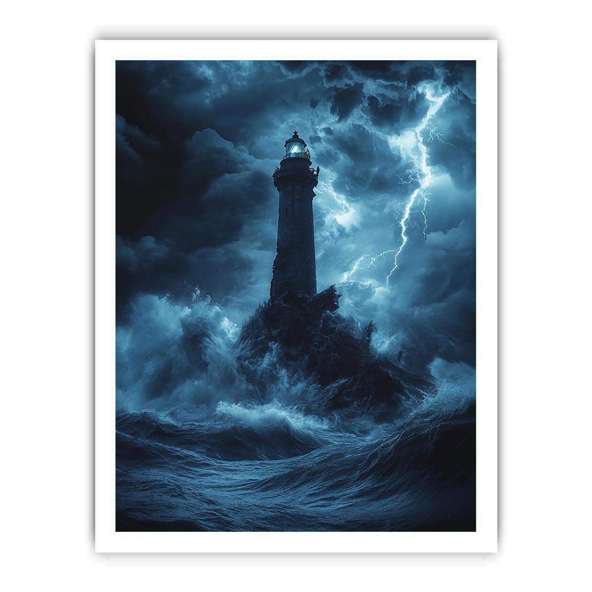 Moody blue lighthouse Canvas Print with lightning and storm waves