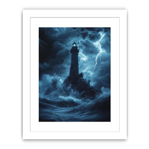 Moody blue lighthouse Canvas Print with lightning and storm waves