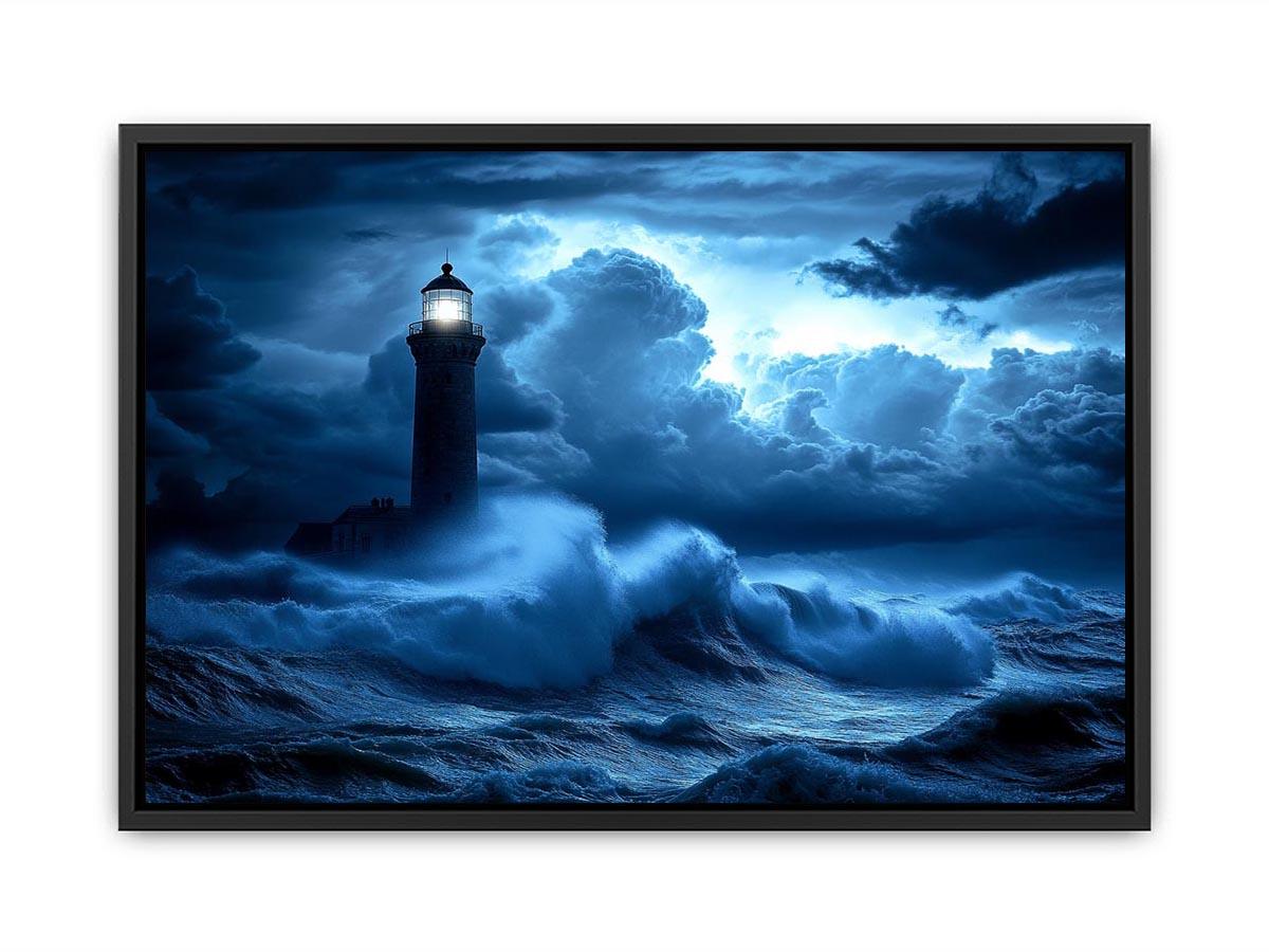 blue lighthouse Canvas Print with night ocean waves