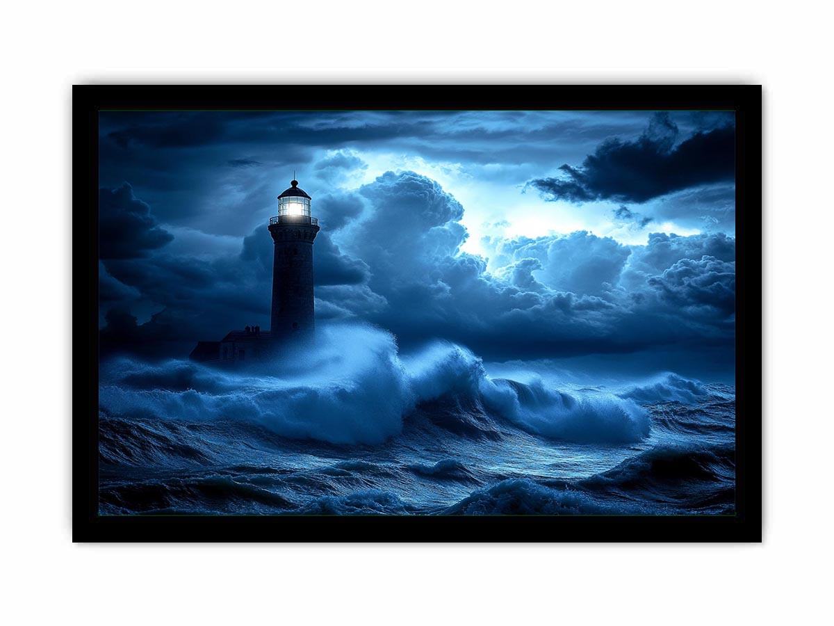 blue lighthouse Canvas Print with night ocean waves