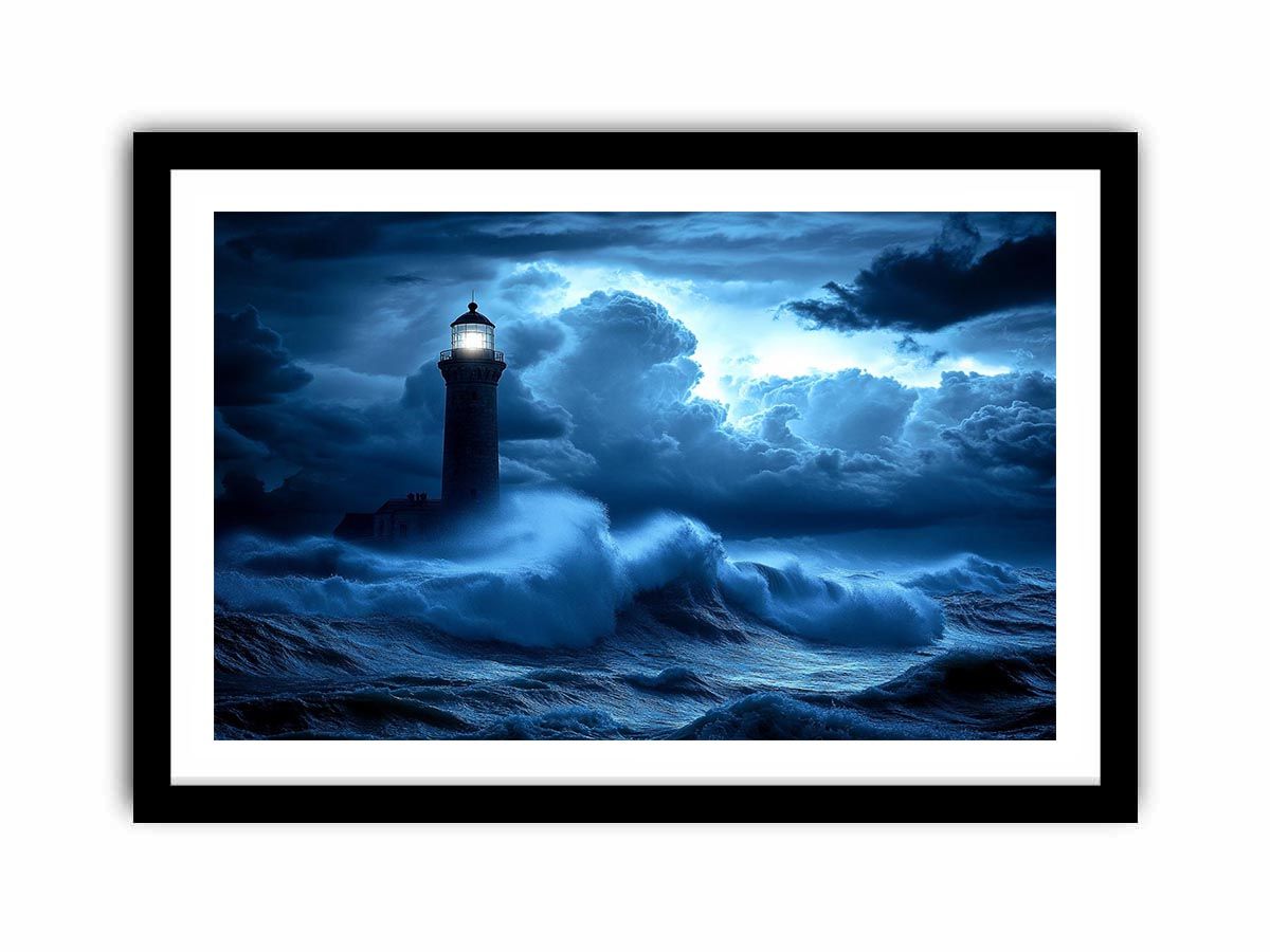 blue lighthouse Canvas Print with night ocean waves