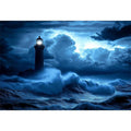 blue lighthouse Canvas Print with night ocean waves