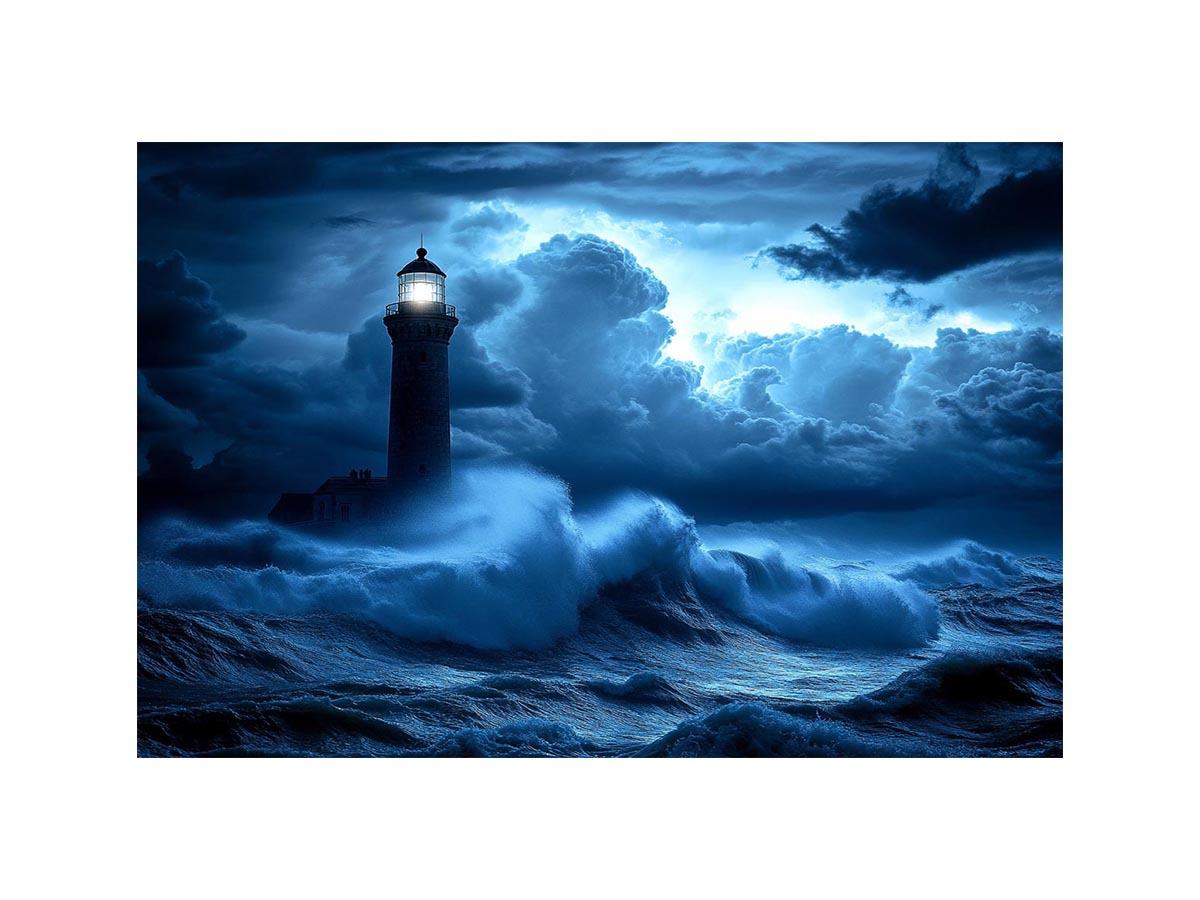 blue lighthouse Canvas Print with night ocean waves
