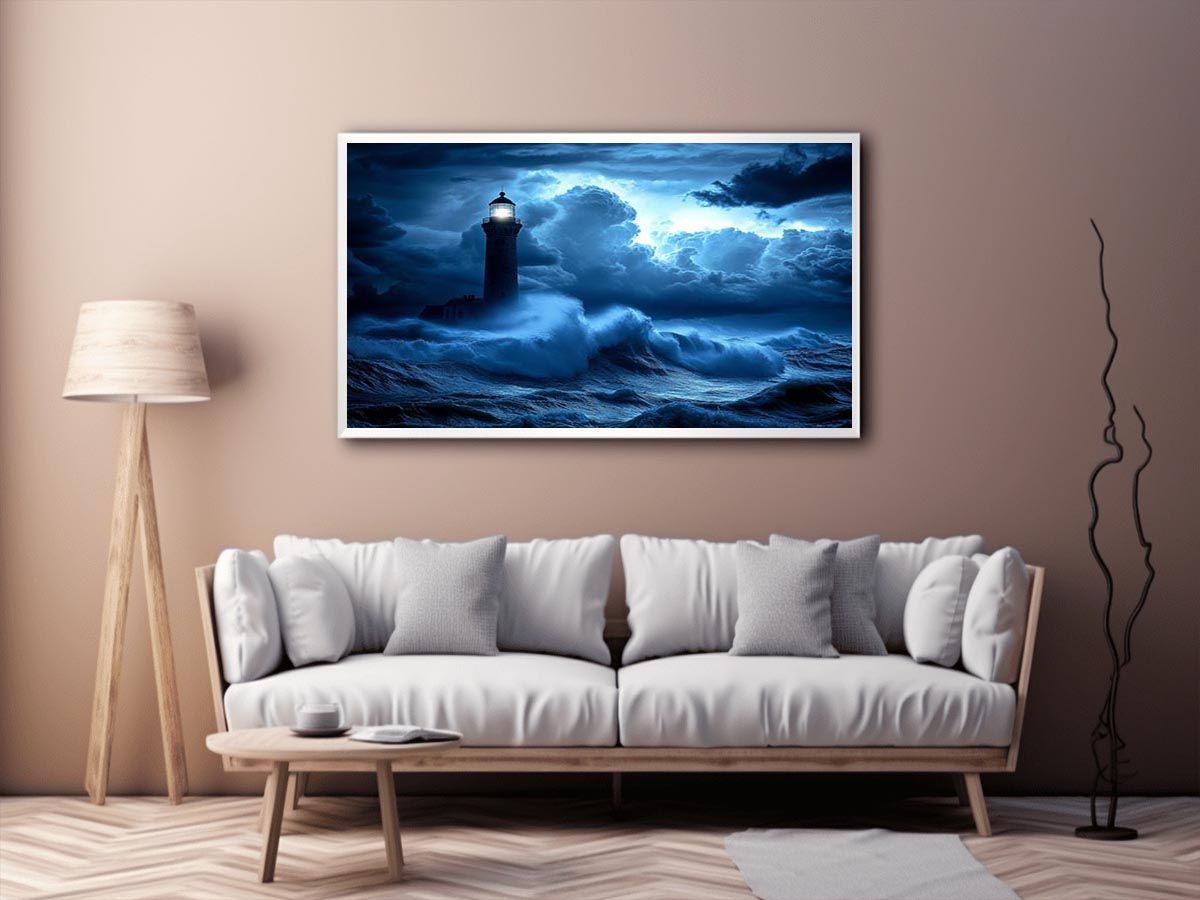blue lighthouse Canvas Print with night ocean waves