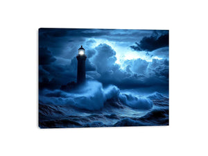 blue lighthouse Canvas Print with night ocean waves