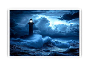 blue lighthouse Canvas Print with night ocean waves