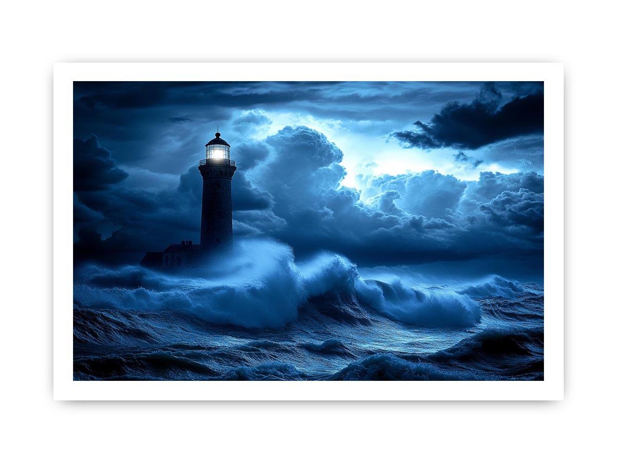 blue lighthouse Canvas Print with night ocean waves