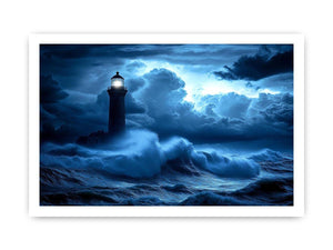 blue lighthouse Canvas Print with night ocean waves