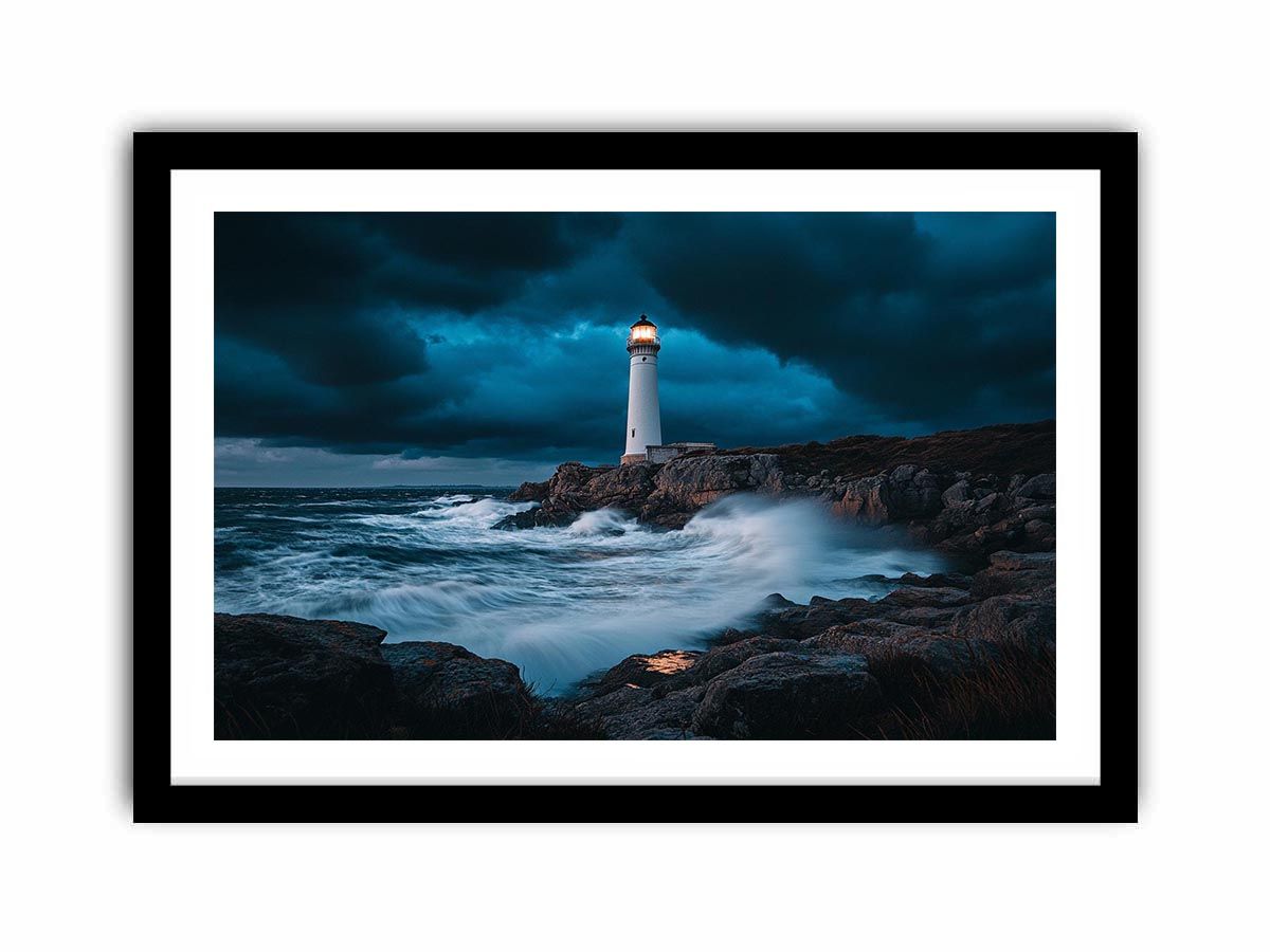 Stormy coastal lighthouse Canvas Print with ocean waves