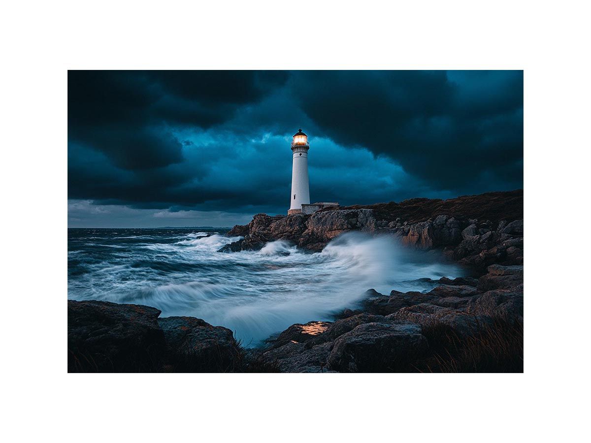 Stormy coastal lighthouse Canvas Print with ocean waves